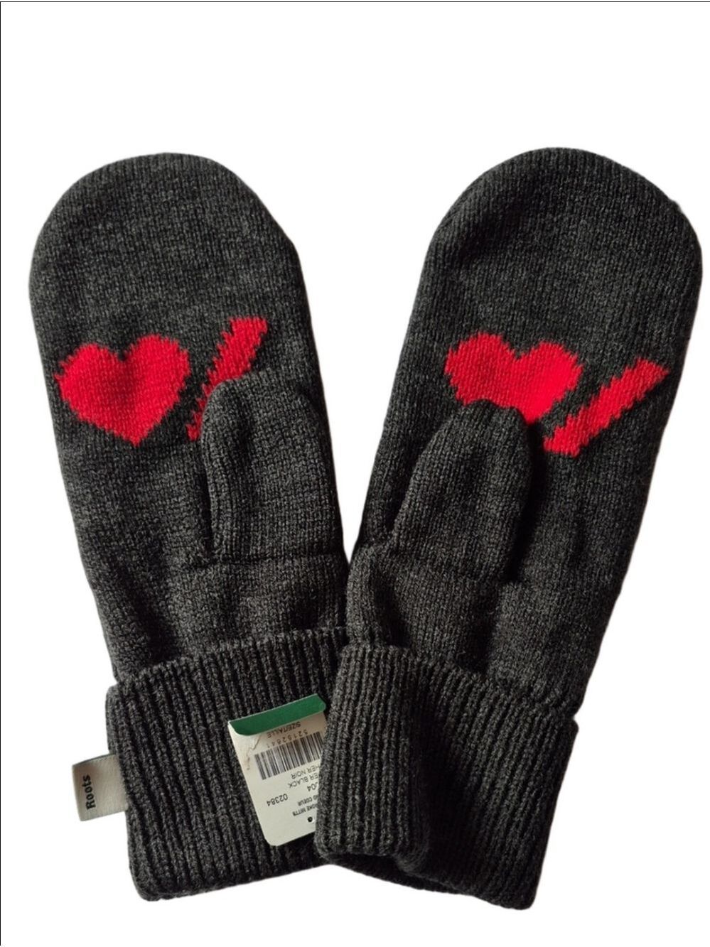 Roots Heart and Stroke Knit Mitts Charcoal Grey One Size NWT